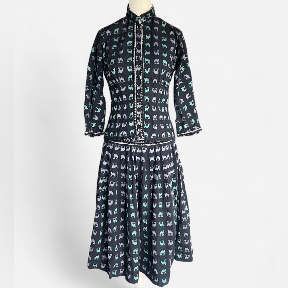 Vintage 1950’s Navy Camel 🐪 Print pleated skirt and shirt set ALIX of MIAMI